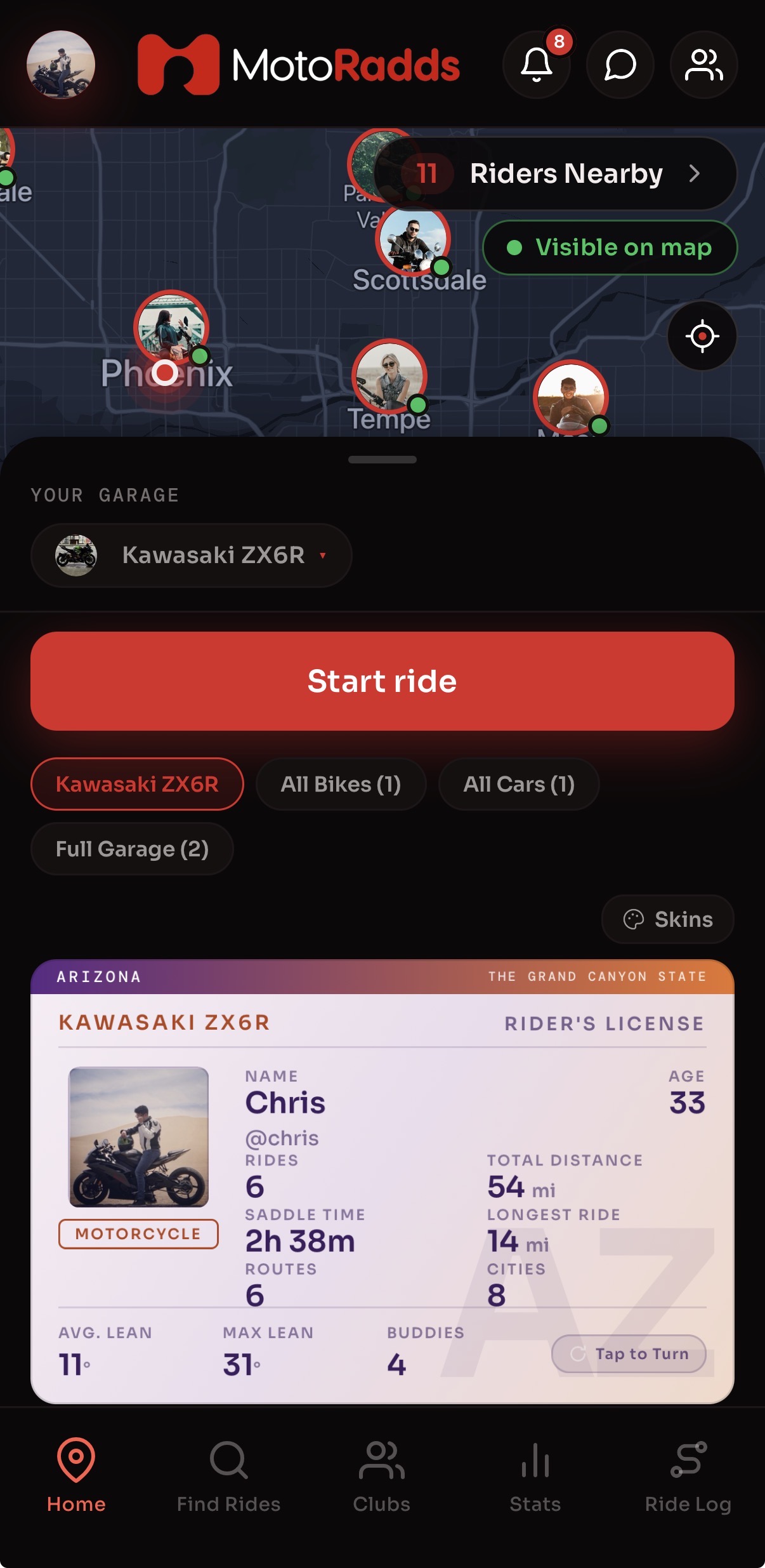 Nearby riders on the Radds map, with garage and rider’s license