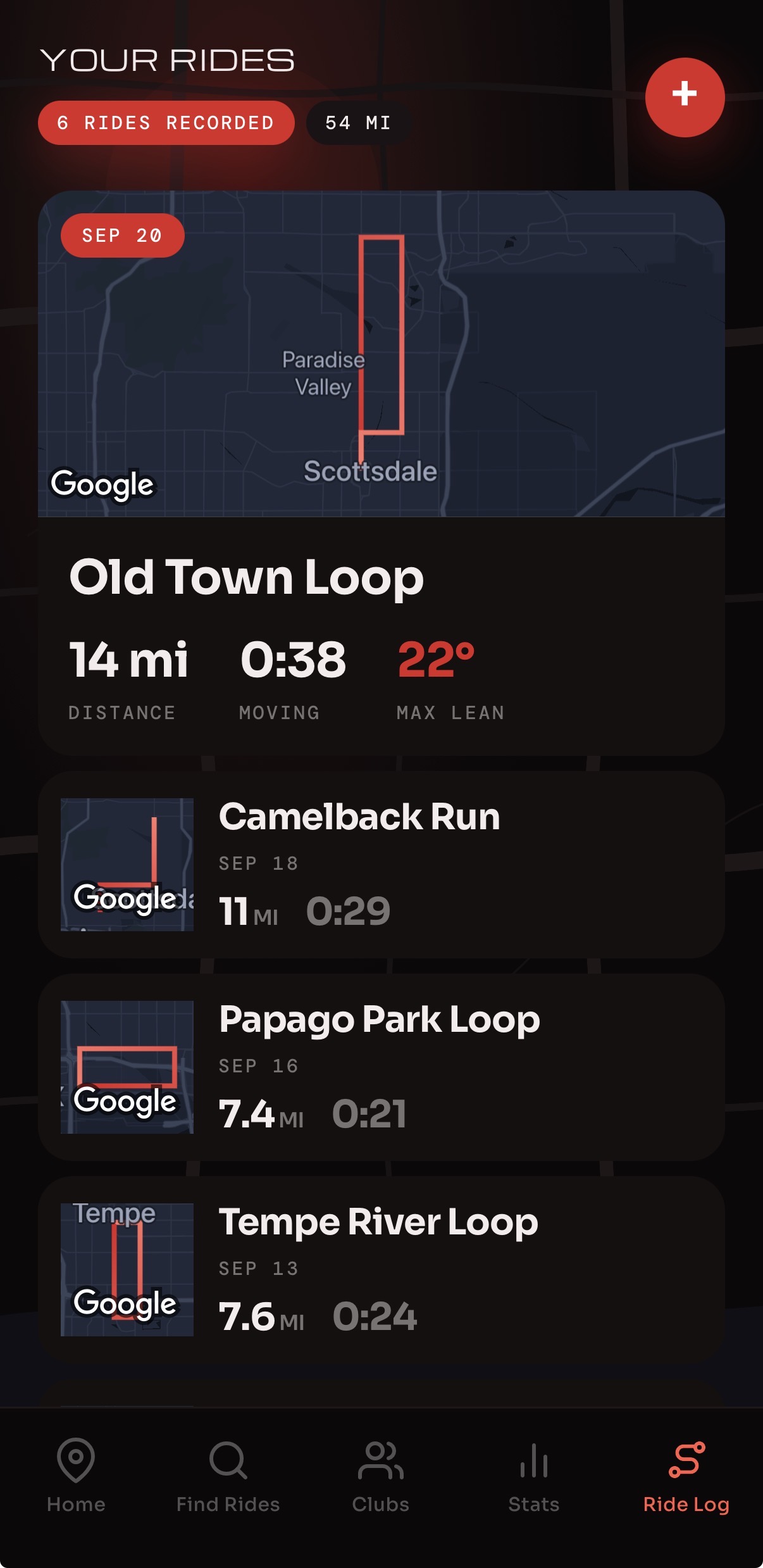 Radds ride log with recorded routes, distance, duration, and lean angles