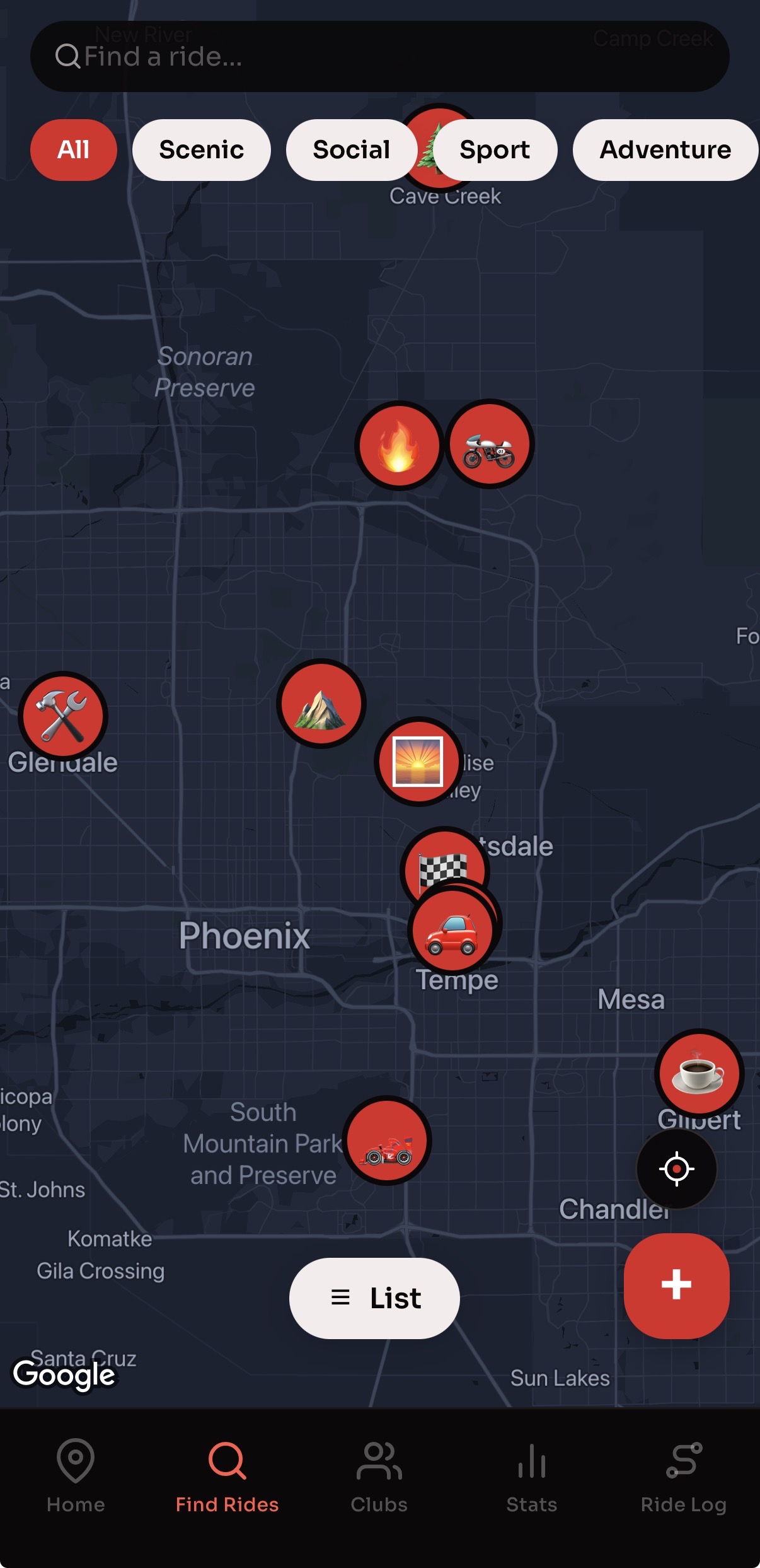 Radds map showing local rides with scenic, social, sport, and adventure filters