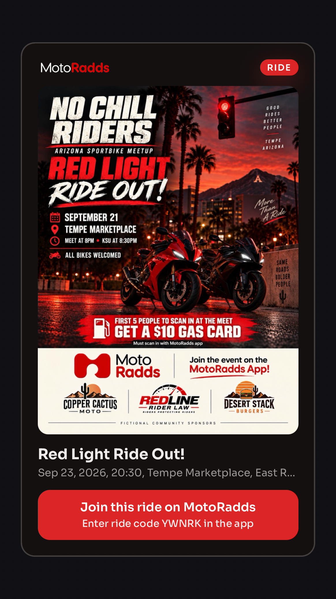 Example event card shared from Radds, combining a Red Light Ride Out flyer, event details, and a ride code