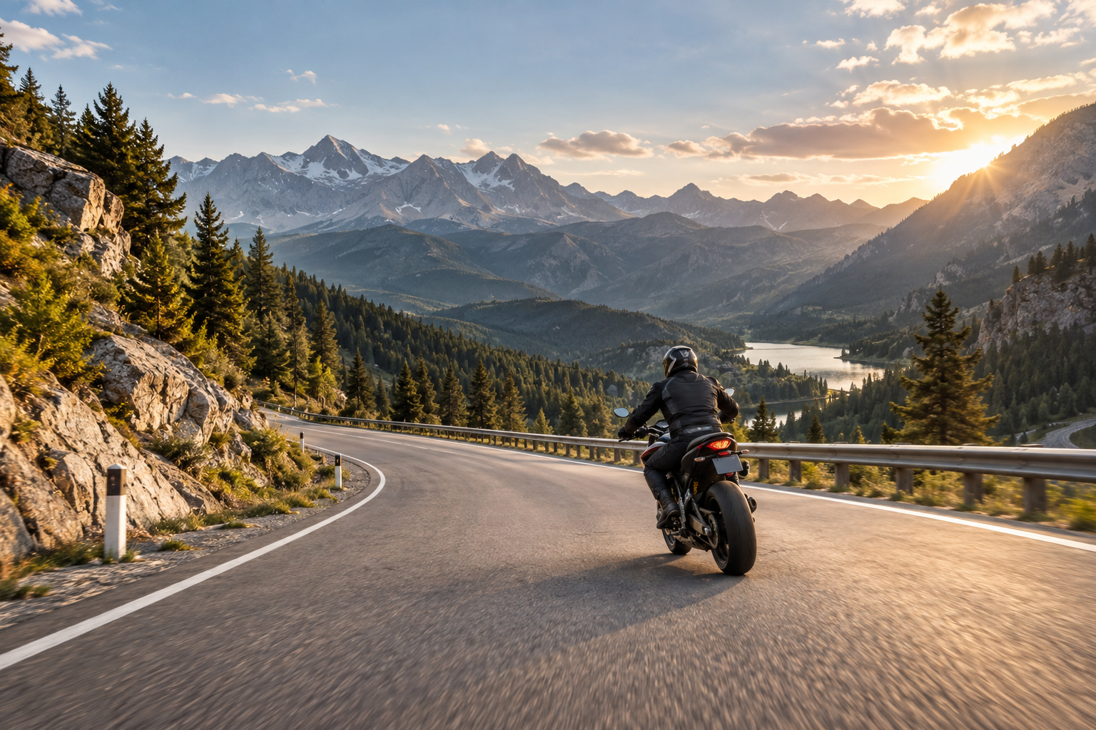 A motorcyclist in protective gear riding a winding mountain road